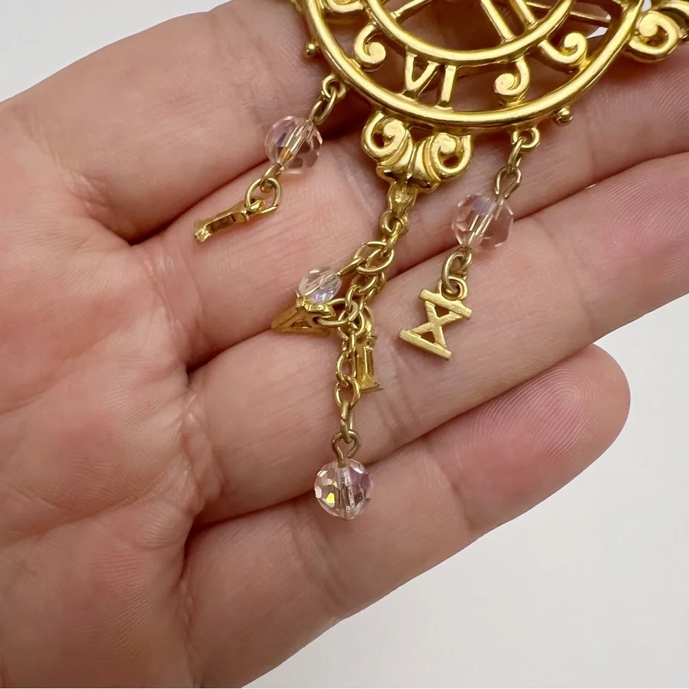Vtg Kirks Folly Time Celebration Sundial Clock Dangle Crystal Goldtone Brooch - Picture 6 of 7